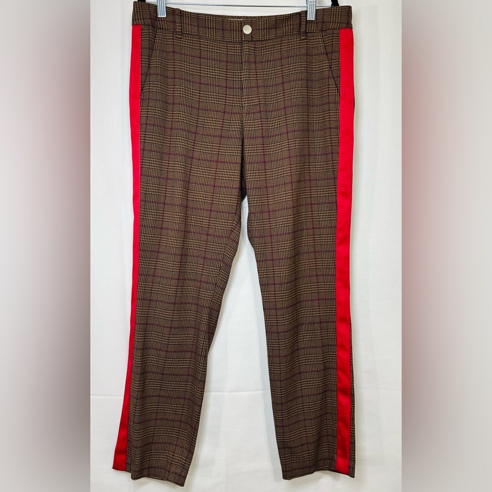 Tommy Hilfiger Women’s Brown Plaid Ankle Pants w/ Red Tuxedo Stripe Stretch 12